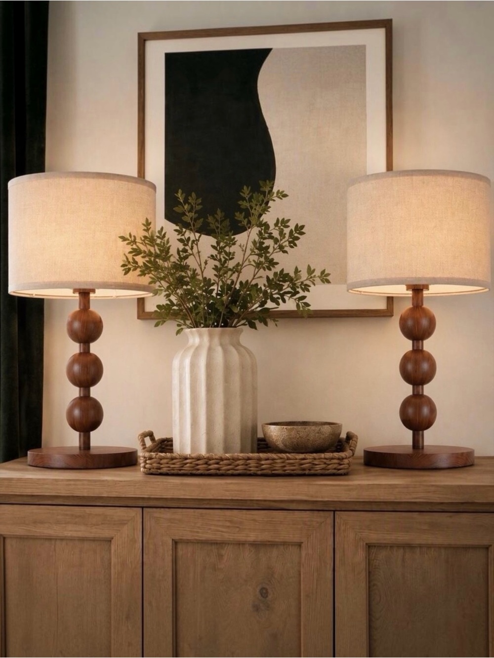 NEW Anthropologie Set of 2 Vintage Wood Ball Retro Boho Table Lamps Lighting 20"